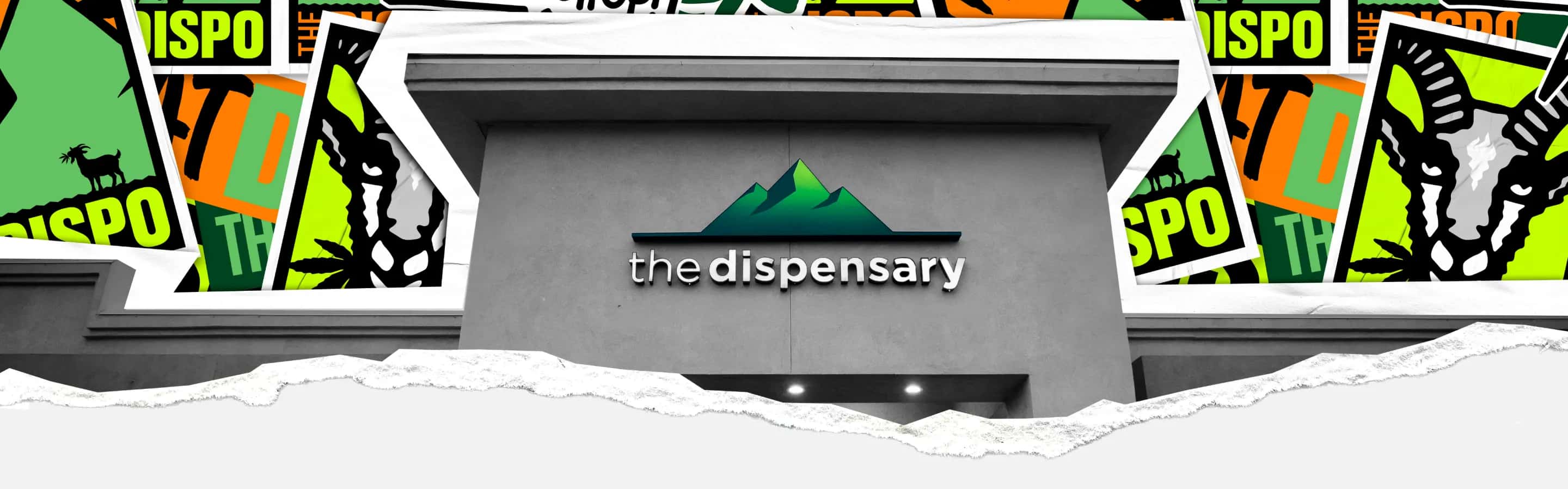 A Dispensary storefront under the brand's sticker collage