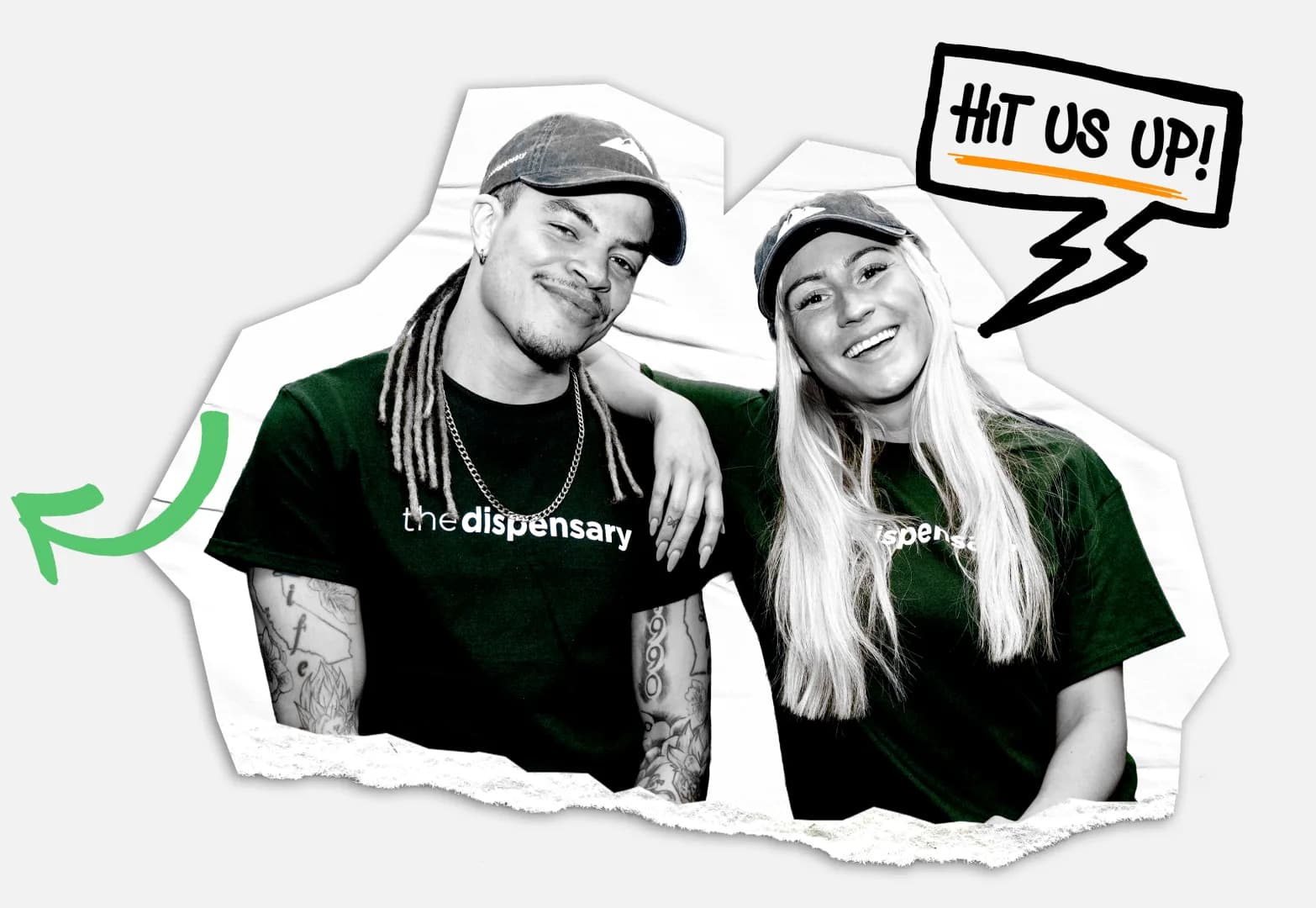 Two team members waving, with a speech bubble reading Hit us up