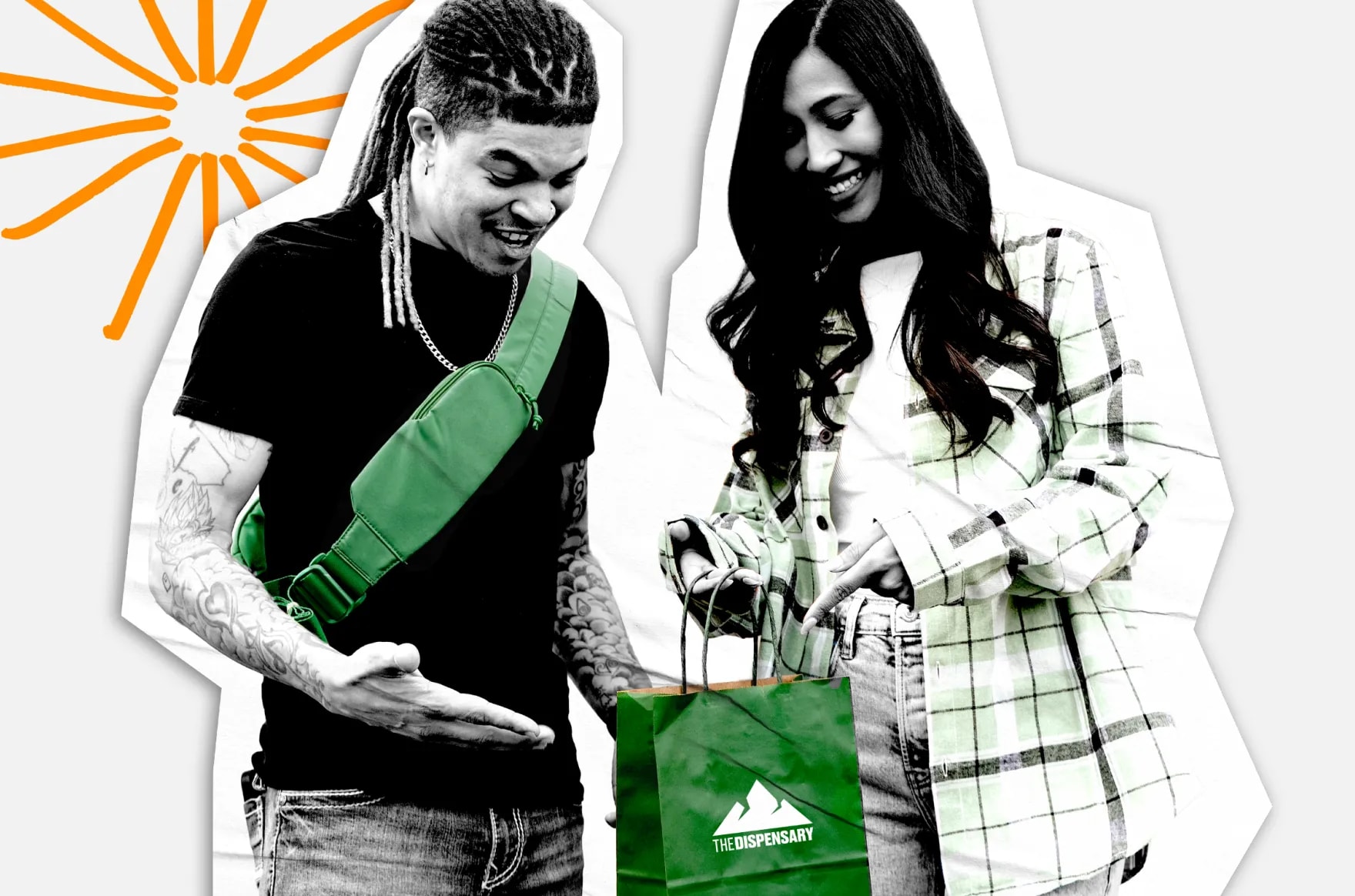 Two customers looking into a Dispensary shopping bag