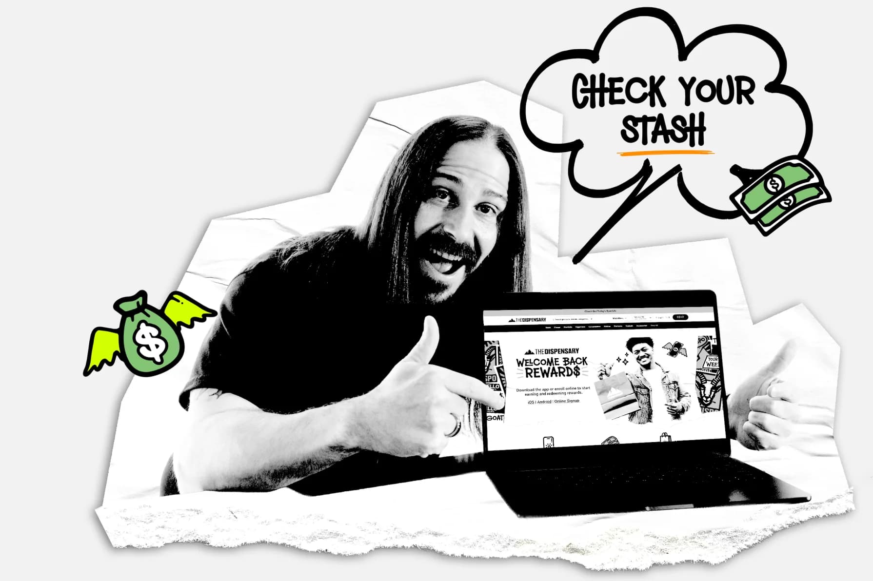 A member points to the Welcome Back Rewards page on a laptop, under a speech bubble that reads “Check your stash”